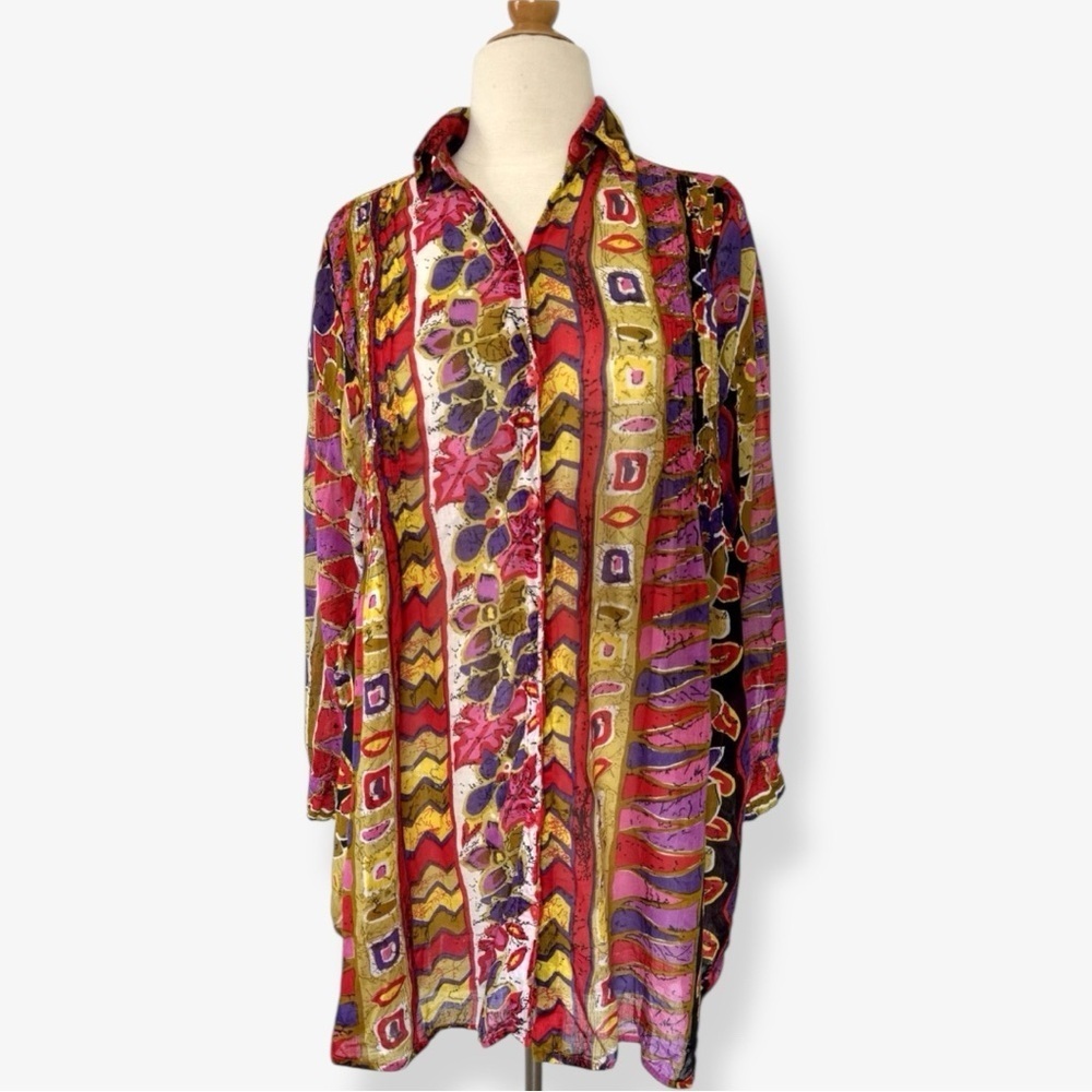Vintage 90s La Femme India Cotton Gauze Floral Abstract Oversized Button Shirt M - Picture 2 of 11